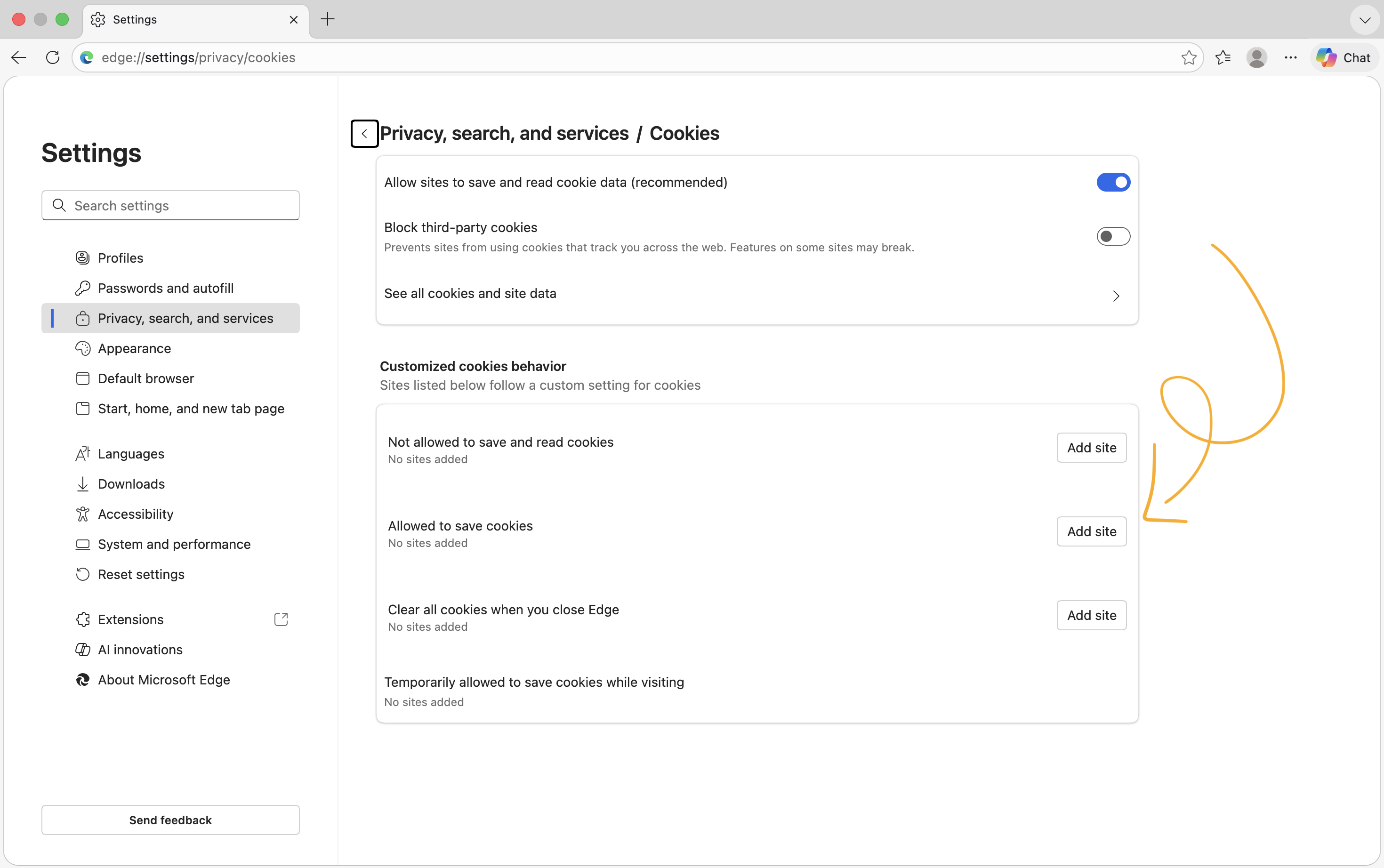 Microsoft Edge Cookie Settings for Chartbuddy | Chartbuddy Help