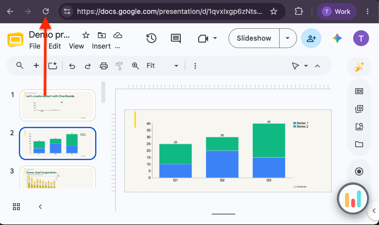 Google Slides tab refreshed after updating the Chartbuddy extension