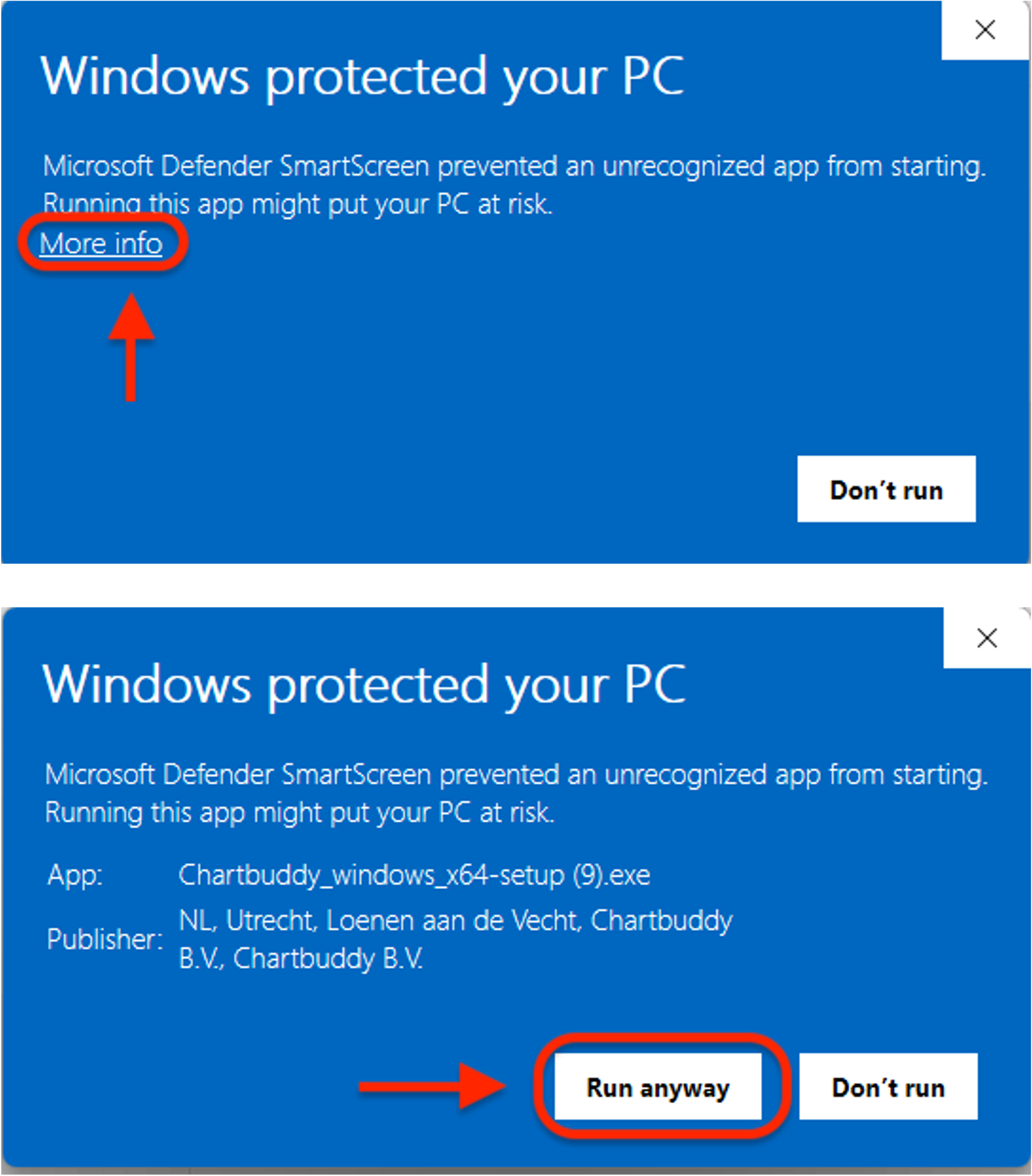 Windows protected your PC message: select More info, then confirm Chartbuddy B.V. as publisher and select Run anyway