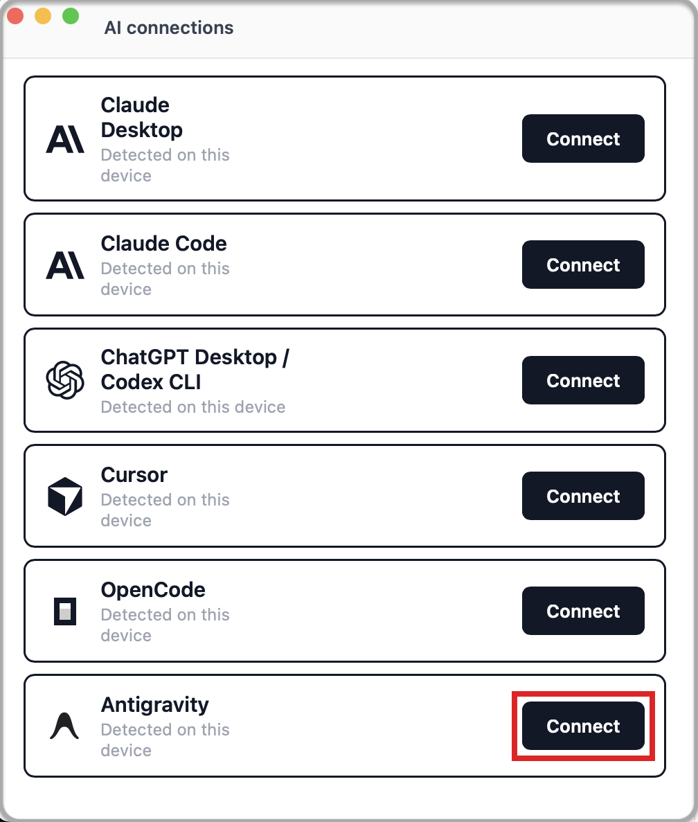 In AI connections, click Connect on the Antigravity row