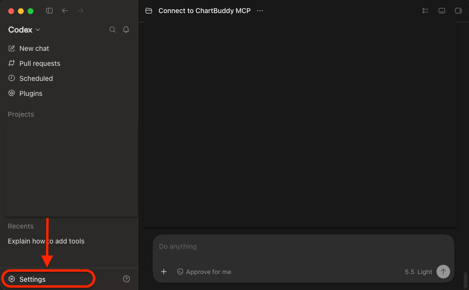Click Settings in the bottom-left of ChatGPT Desktop