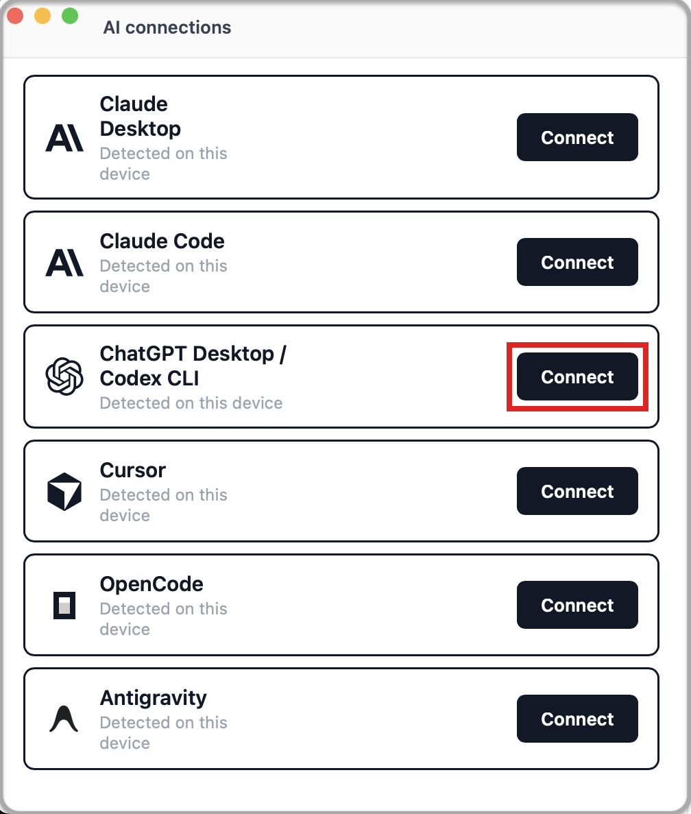 In AI connections, click Connect on the ChatGPT Desktop / Codex CLI row