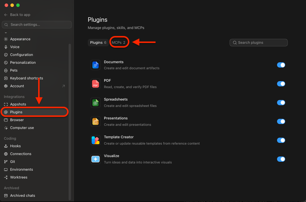 Open Plugins, then the MCPs tab