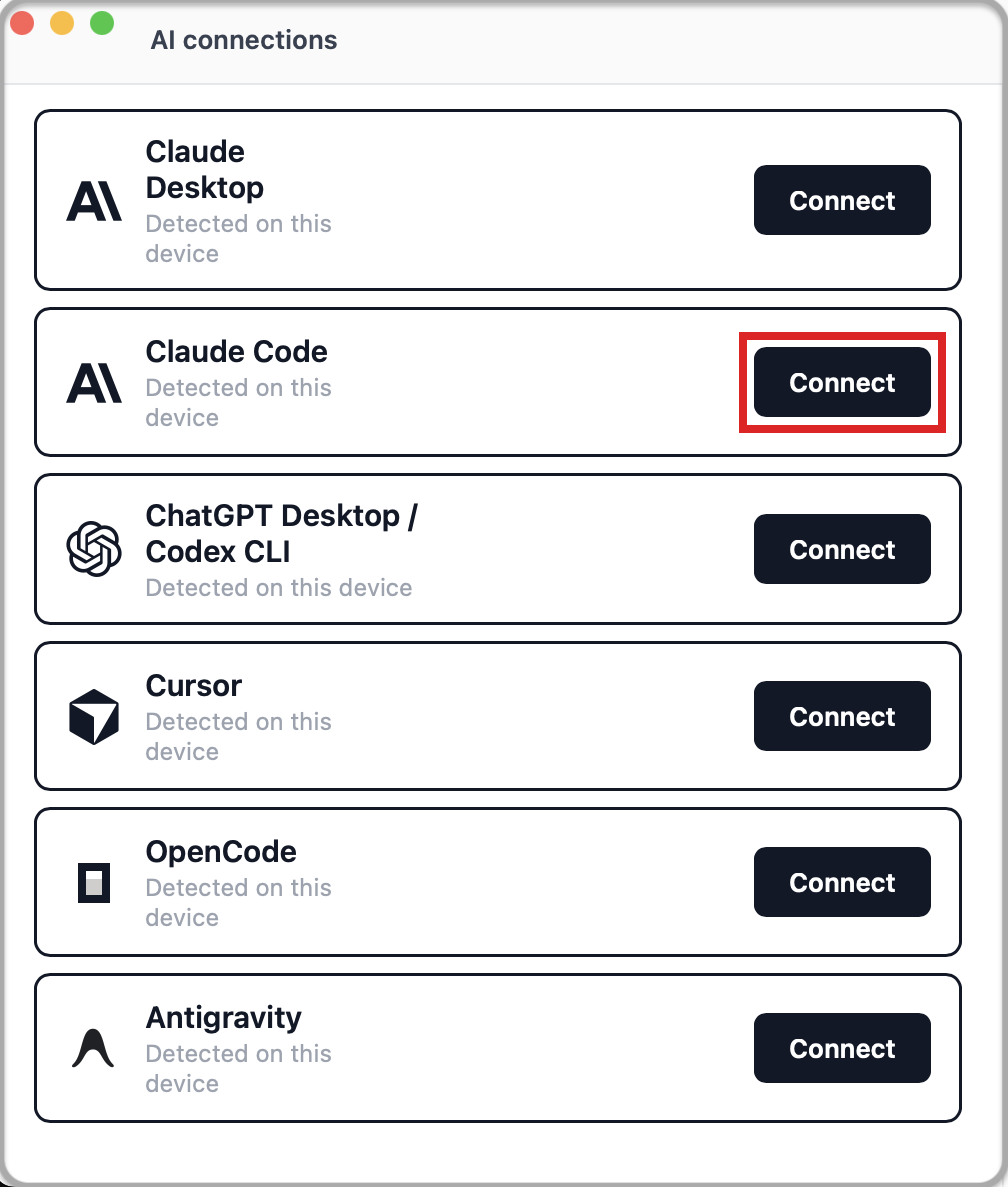 In AI connections, click Connect on the Claude Code row