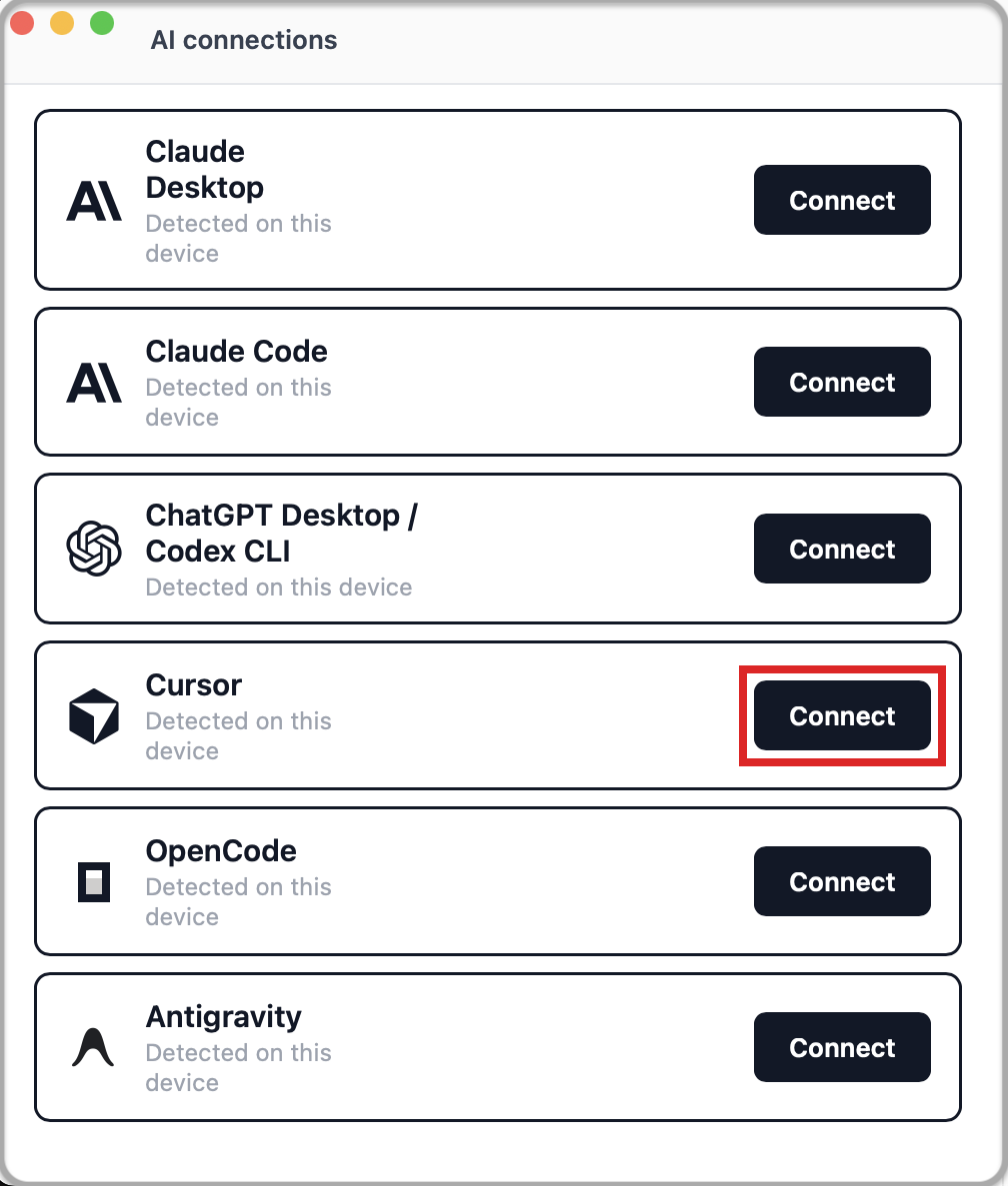 In AI connections, click Connect on the Cursor row
