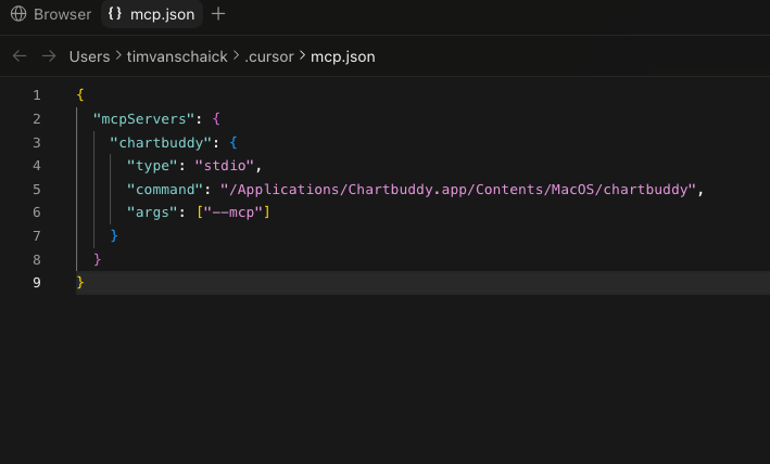 Paste the Chartbuddy config into ~/.cursor/mcp.json