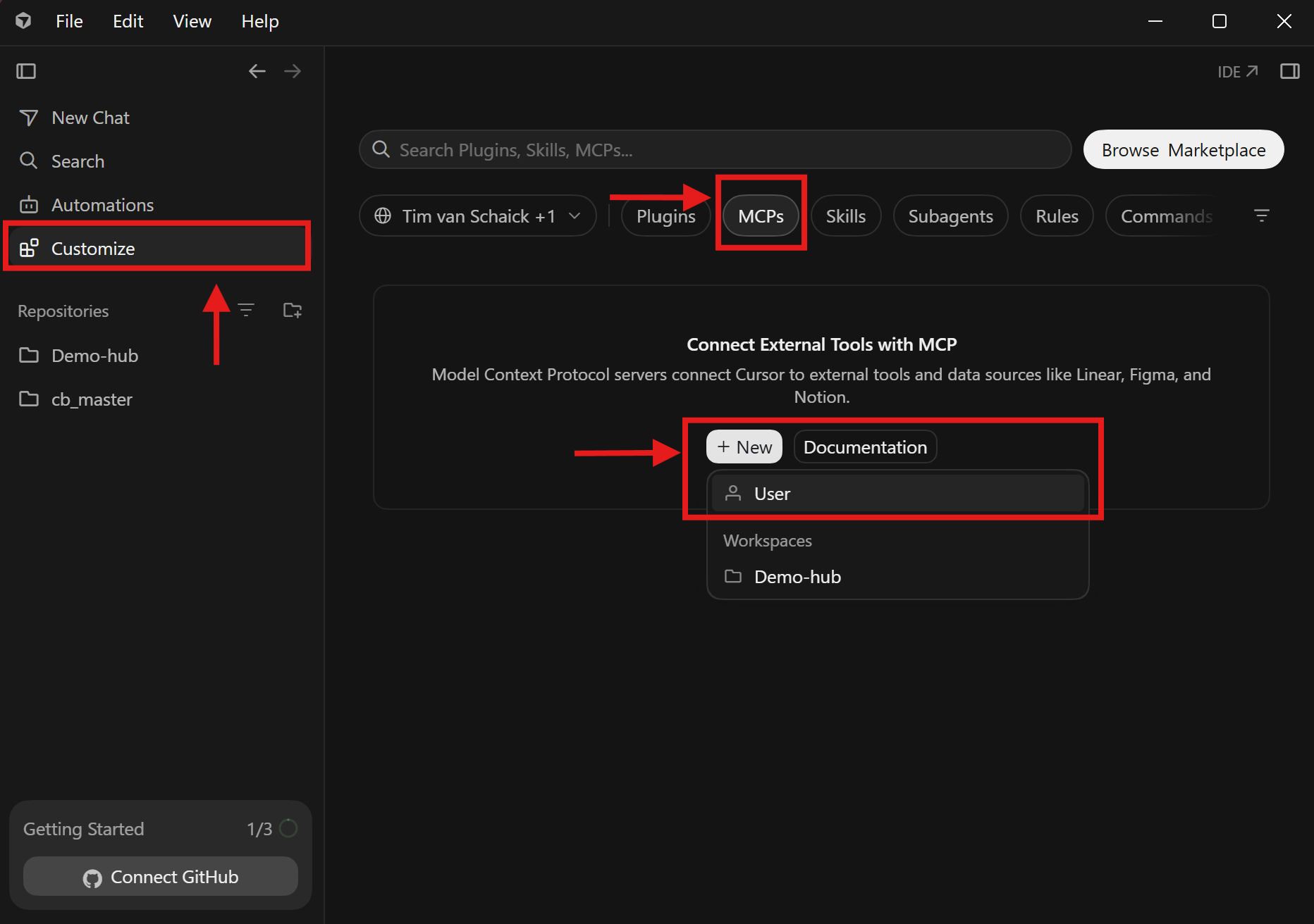 In the Agents view sidebar, open Customize, then MCPs, then New MCP Server, then choose User