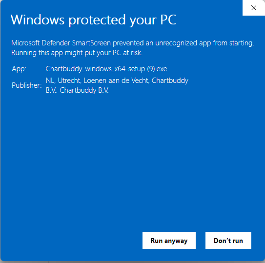 Confirm Chartbuddy B.V., then Run anyway