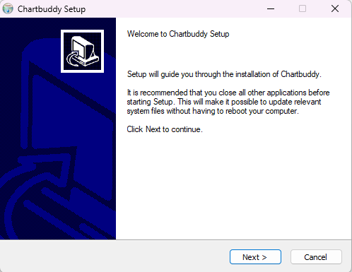 Chartbuddy Setup wizard welcome screen