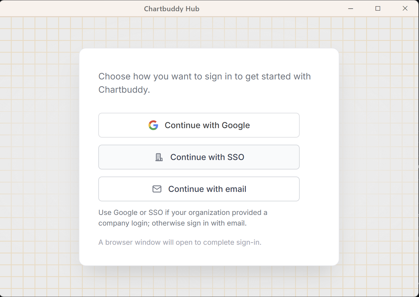 Chartbuddy Hub sign-in options for Google, SSO, and email