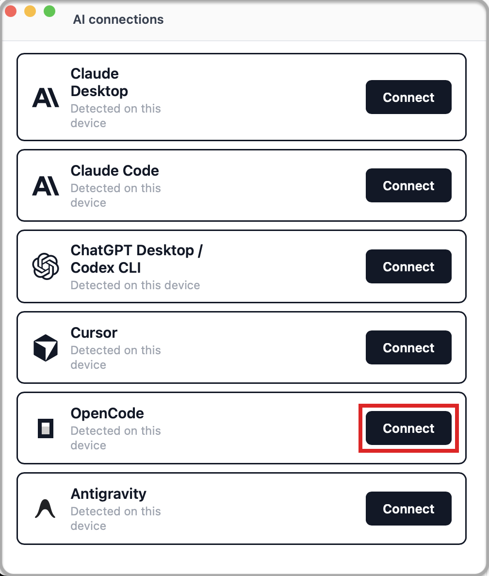 In AI connections, click Connect on the OpenCode row