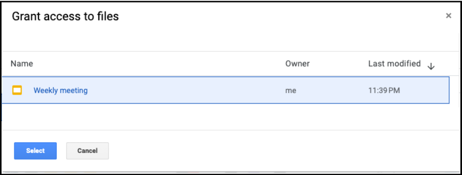 Google Drive Picker interface showing focused file access